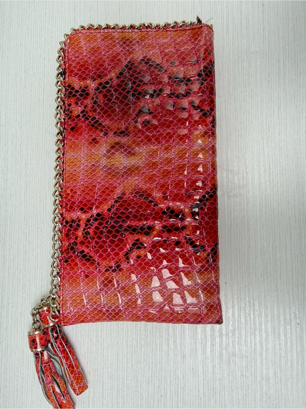 Red Snake-Embossed Chain-Trim Wristlet Clutch